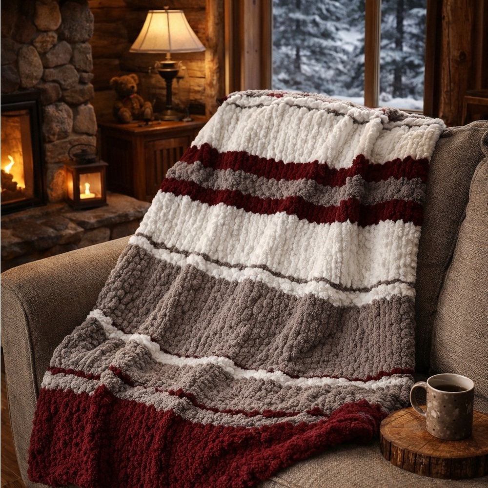 Hand Crafted Cozy Striped Throw Blanket - Wine, Gray, White—READY TO SHIP
